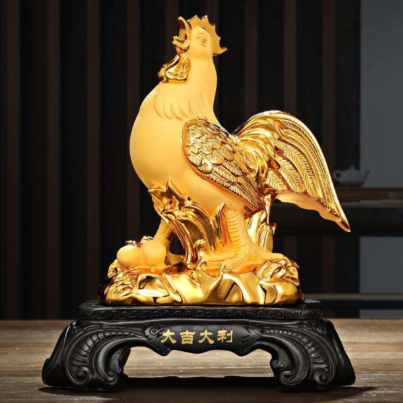 鸡年送礼 绒沙金鸡树脂工艺品生肖金鸡中式摆件店铺保险公司礼品