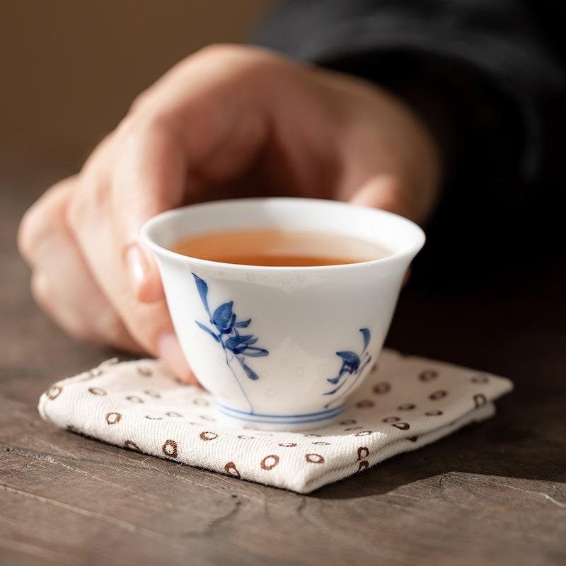 猪油白茶具品茗杯羊脂玉釉下纯手绘蝴蝶兰个人杯主人杯茶具泡茶杯