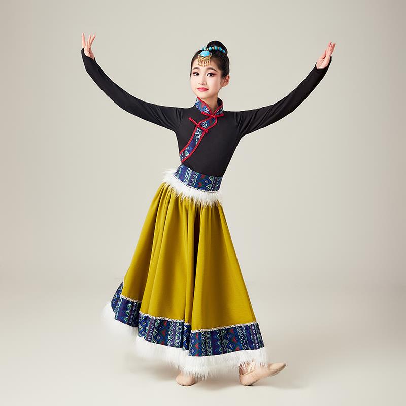 高档藏族舞蹈演出服女儿童表演服班练习蒙古族舞蹈民族风裙大服摆
