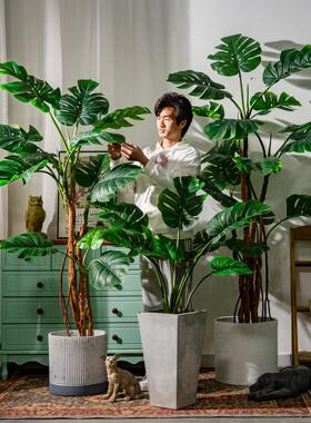 北欧龟背芋盆栽彷真绿色植物物大型盆景假树室内客厅塑料装饰摆饰