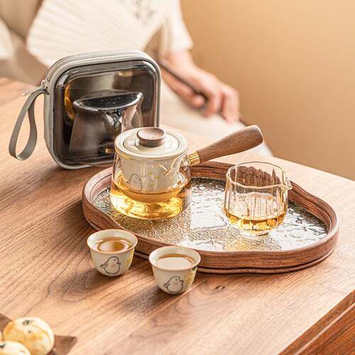 手绘金桂月兔侧把壶旅行茶具套装便携式户外功夫泡茶装备一壶两杯