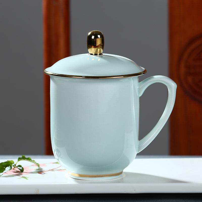 景德镇陶瓷茶杯带盖子家用骨瓷水杯办公室会议杯子青色描金茶杯定