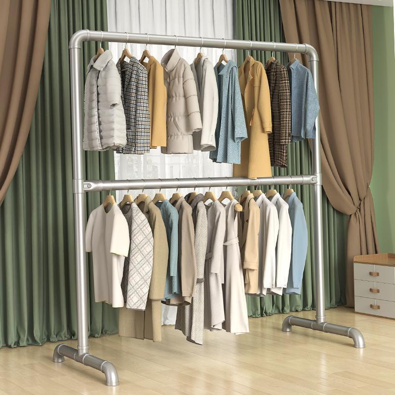 钢管双层晾衣架落地杆户外加粗家用阳台卧室挂衣服简易晒被凉衣杆