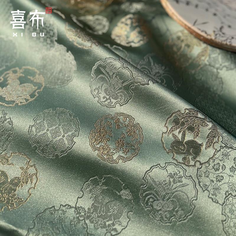 如意兔子 豆绿织锦缎布料雪轮纹复古提花绸缎古装马甲新服装面料