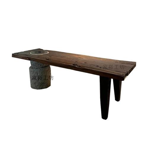 高档侘寂老木与老石炭炉桌子原木风风化茶桌泡大板围实木炉煮茶桌