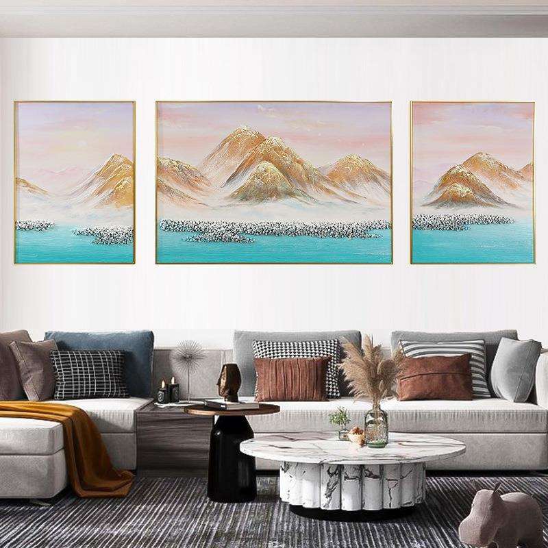 客厅三联挂画背靠金山风景装饰画手绘油画现代简约大气立体墙壁画