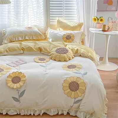 清向日葵用长JTH绒棉四件套全棉纯棉贡缎小双人春夏刺新绣床上品