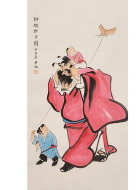 纯手绘钟馗朱砂画像钟馗护子图客厅挂画办公室茶室装饰画中堂挂画