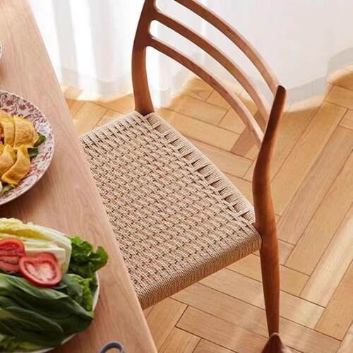 北欧实木餐椅轻奢编绳靠背家用喝茶椅子中古书房小户型复古绳编椅