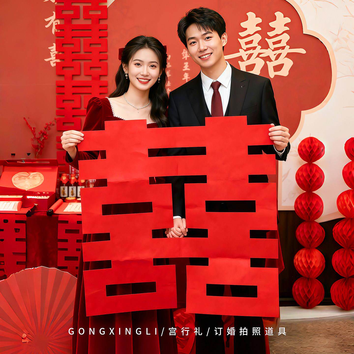 订婚拍照道具氛围感摆台布置装饰摆件拍摄出片用品小物件喜字横幅