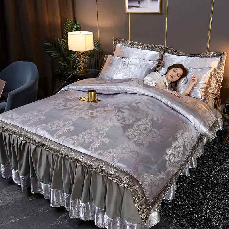 高档欧式床裙贡缎四纯件式床包组丝提花被全棉棉裸睡单双人床罩绸