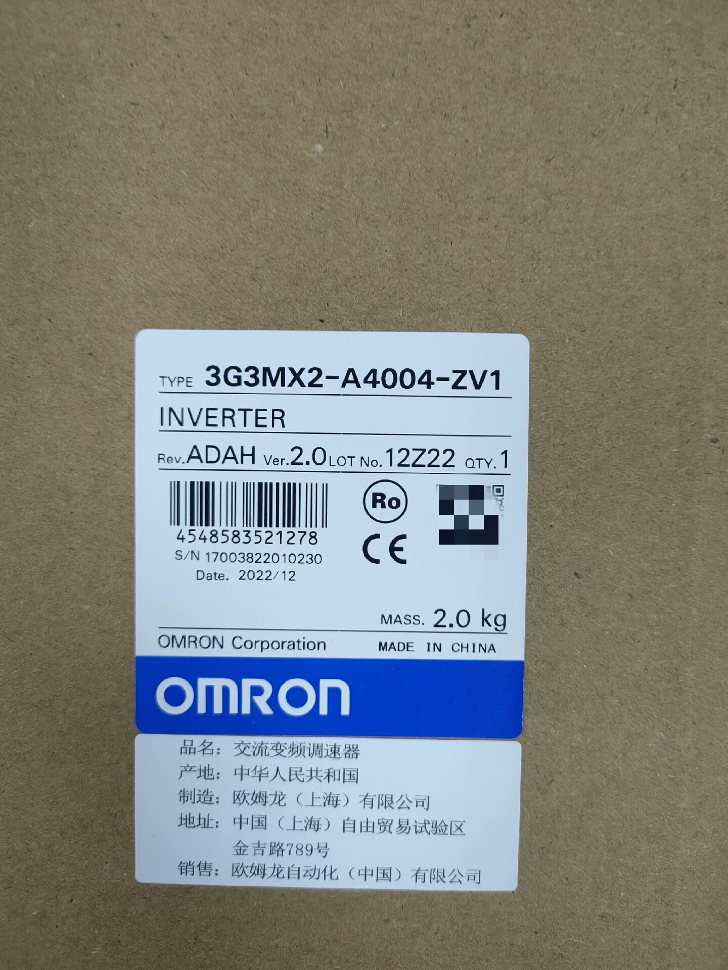 3G3MX2-A4004-ZV1 原装正品，价优，未税155