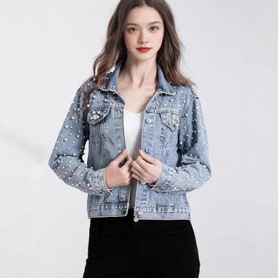 Women Jacket Pearl Embellished Fashionable Versatile Ripped