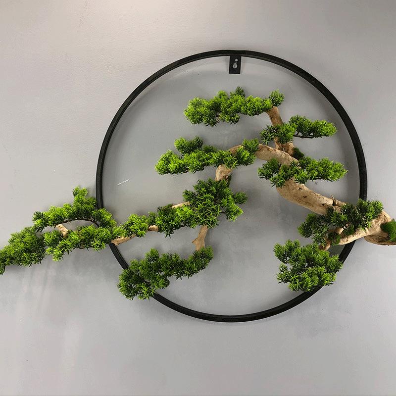 新中式迎客松禅意壁式铁艺挂饰客厅墙面壁挂玄关墙装饰仿真绿植松
