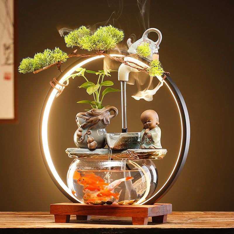 创意玻璃金鱼缸客厅桌面循环流水鱼缸摆件小型家用招财迷你养鱼盆
