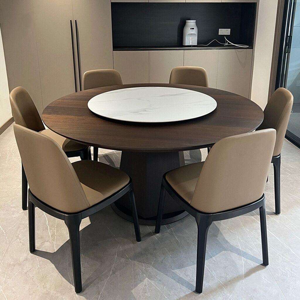 北欧实木圆桌简约创意圆形家用饭桌带转盘岩板圆餐桌饭店大圆桌子