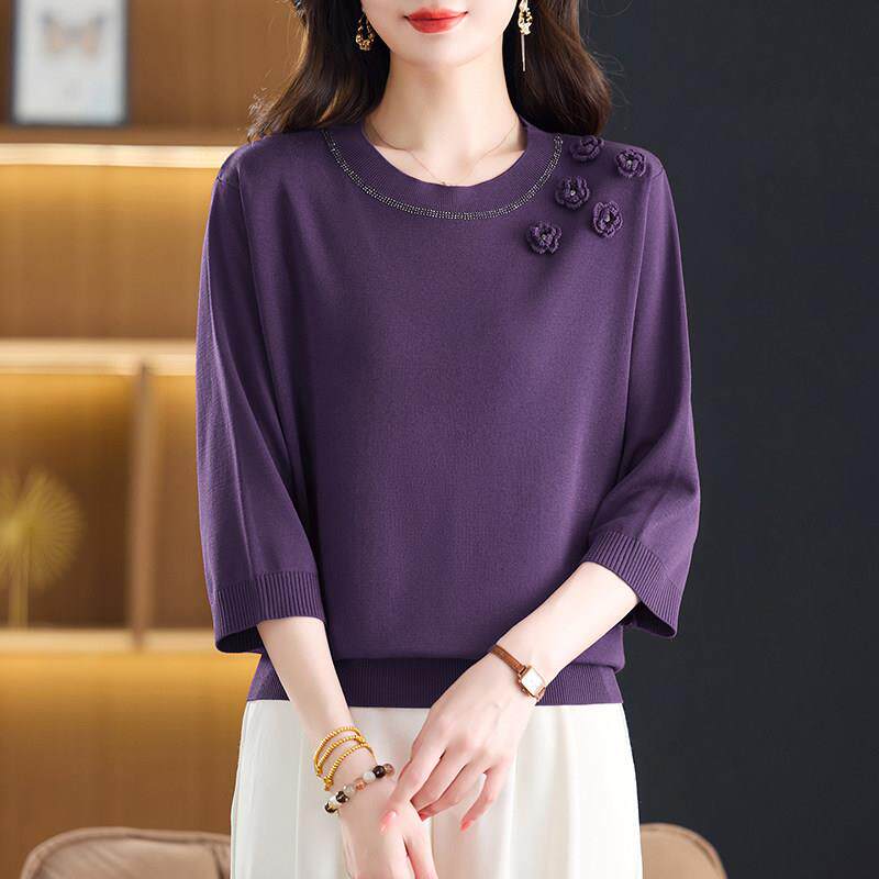 中年妈妈桑蚕丝七分袖女上衣春秋洋气宽松大码薄款减龄针织T恤衫