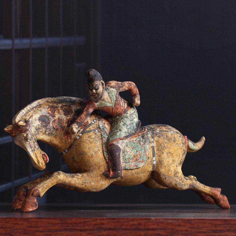 仿古唐朝代陶器陶马陶俑打马球俑摆件马球俑工艺品中式家居饰