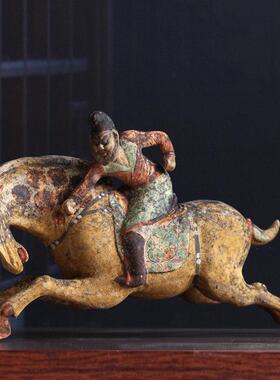 仿古唐朝代陶器陶马陶俑打马球俑摆件马球俑工艺品中式家居饰