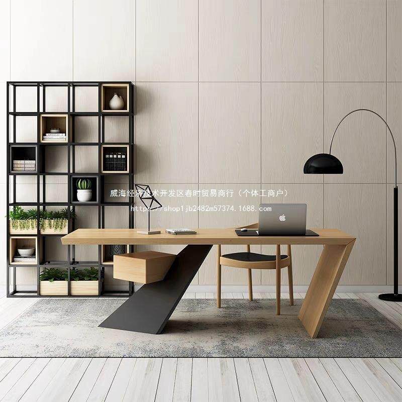 新中式老板桌大班台办公桌带抽屉铁艺书桌工业风电脑桌组合