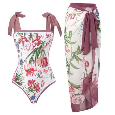 Womens All Over Print Knot Swimsuit Set Boho Wrap Skirt &