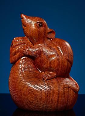 花梨木雕老鼠摆件实木质动物生肖鼠家居客厅装饰品摆设红木工艺品