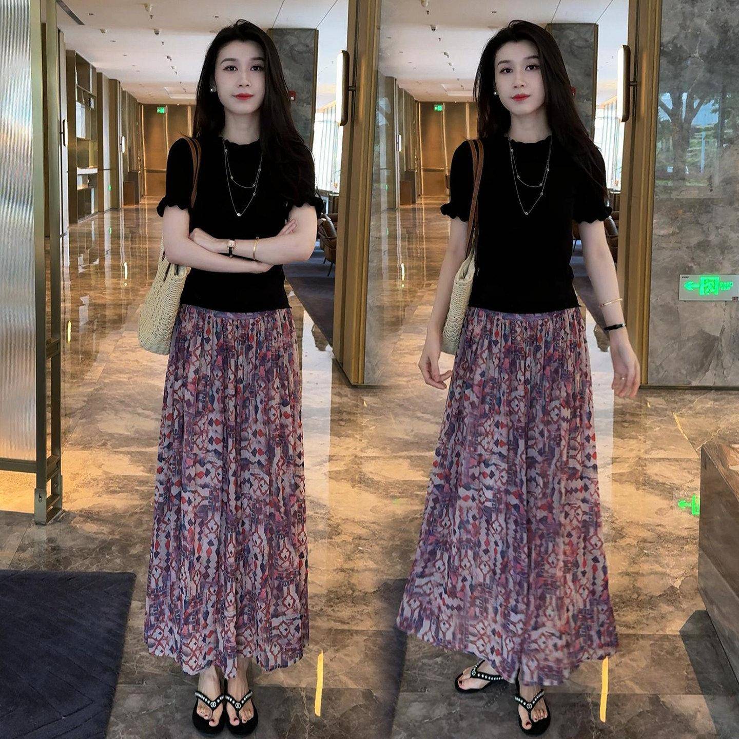 香港代购气质套装裙女春夏新款修身短袖上衣显瘦碎花半身裙两件套