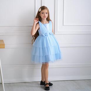 girls flower appliques bow front tiered layer satin dress