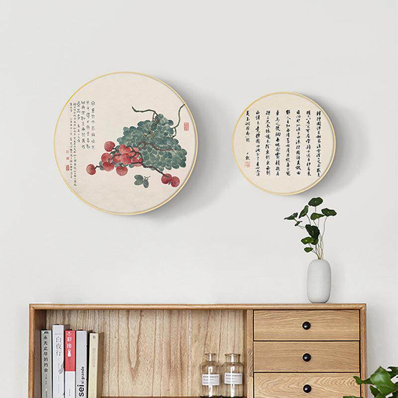 时节佳果新中式圆形餐厅装饰画国风水果客厅壁画原木风挂画