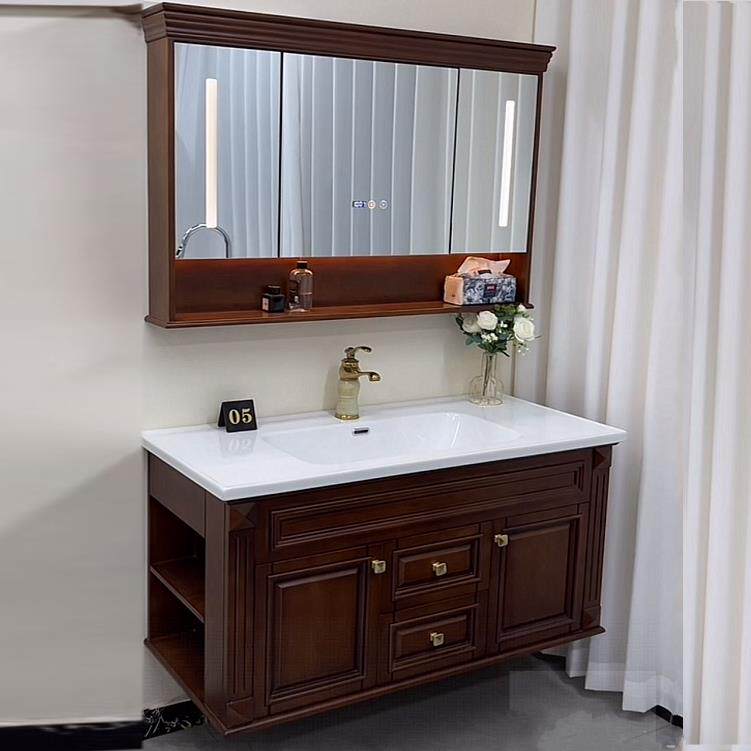 美式浴室柜智能镜柜组合橡木陶瓷一体化面盆柜浴室大理石面盆柜