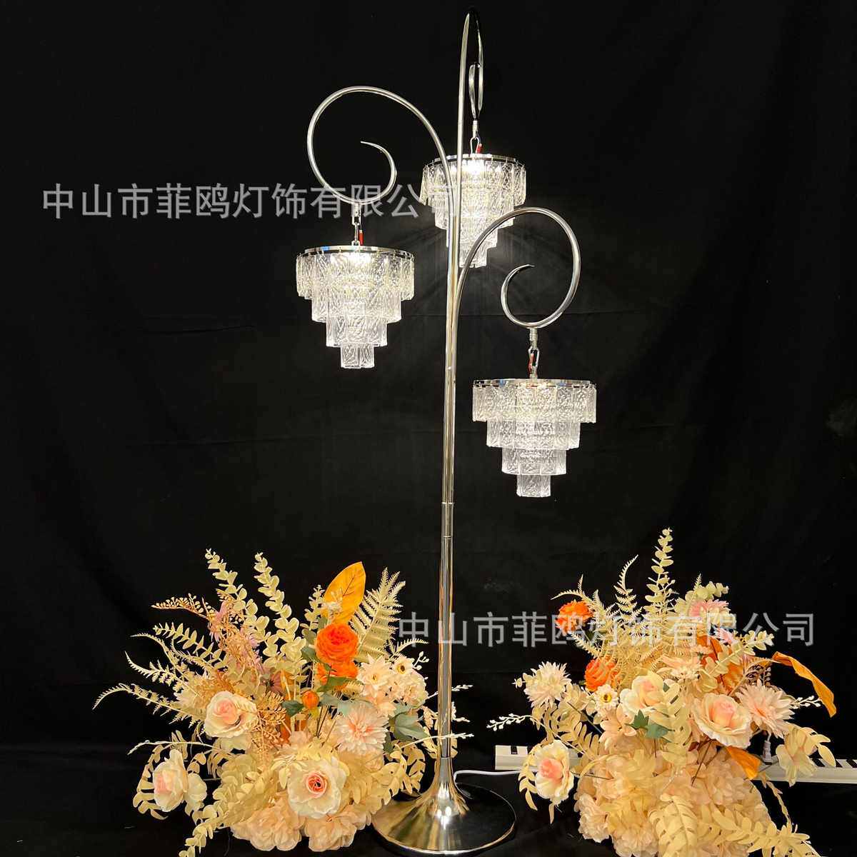 欧式新款婚庆路引灯3头铁艺电镀水晶冰条路引婚礼舞台装饰摆件