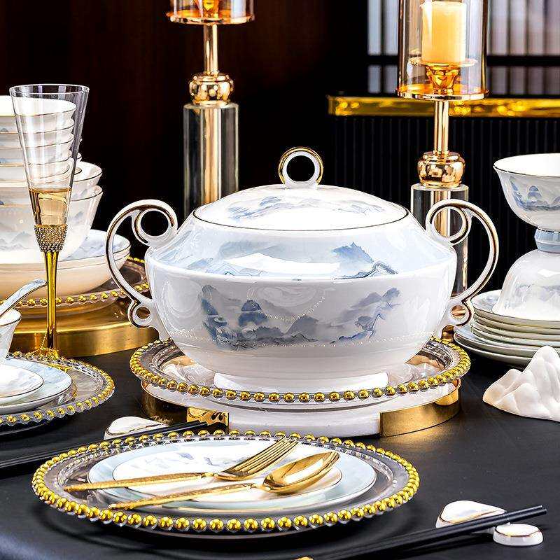 碗具套装景德镇陶瓷家用盘子套餐碗碟金边简约碗筷骨瓷碟餐具