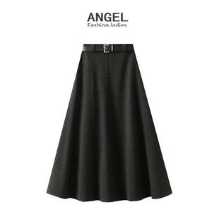 配腰带波点毛呢半身裙女2025秋冬新款 大摆伞裙高腰显瘦A字裙9853