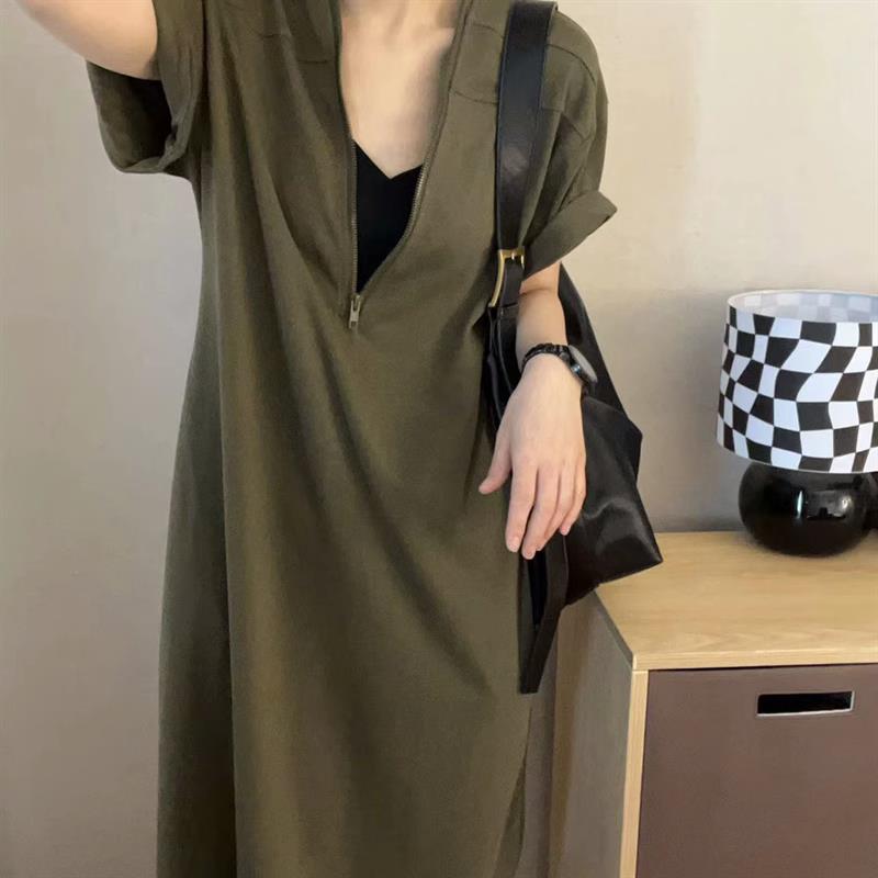 大码通勤百搭纯色连衣裙女2025夏季新款胖MM宽松显瘦拉链领口裙子