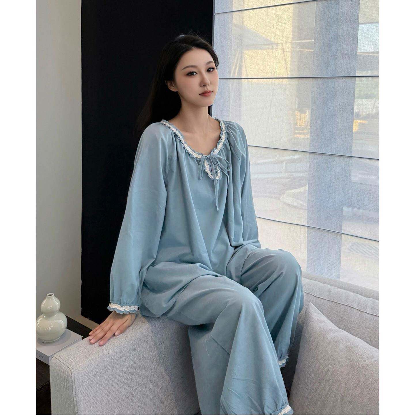 韩版慵懒风花边圆领系带纯棉睡衣女春季灯笼长裤长袖居家服可外穿