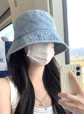 Cat Kite蓝色水洗牛仔渔夫帽子女百搭显脸小盆帽大头围防晒遮阳帽