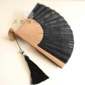 月亮扇精美6寸外贸女扇蕾丝布扇夏季 日用扇旗袍扇竹柄折扇