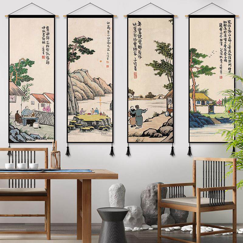 新中式布艺挂画卧室书房背景墙装饰画民宿挂毯挂布壁毯电表箱遮挡
