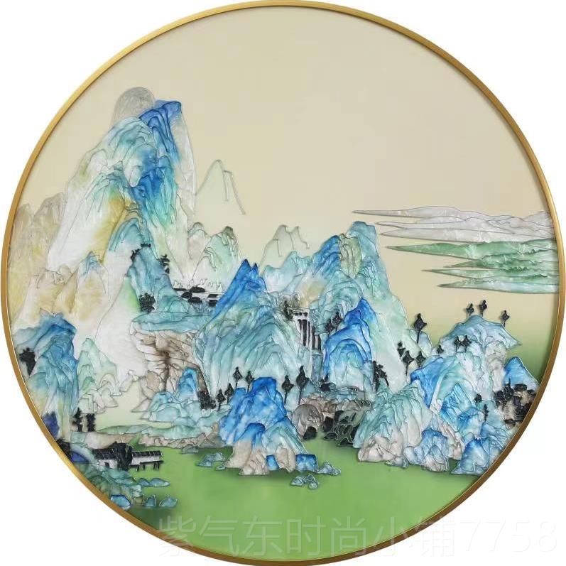 高档珐琅装饰画新沙中式客厅玄关发背景挂墙圆形画餐厅走廊山彩水图片