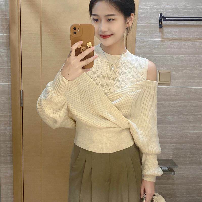 甜辣露肩针织衫女早春外穿交叉不规则长袖毛衣绝美设计感打底上衣