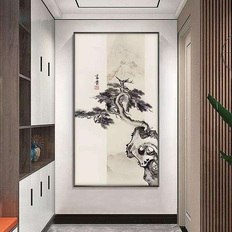 新中式玄关装饰画国画入户走廊过道挂画松树招财山水意境禅意壁画