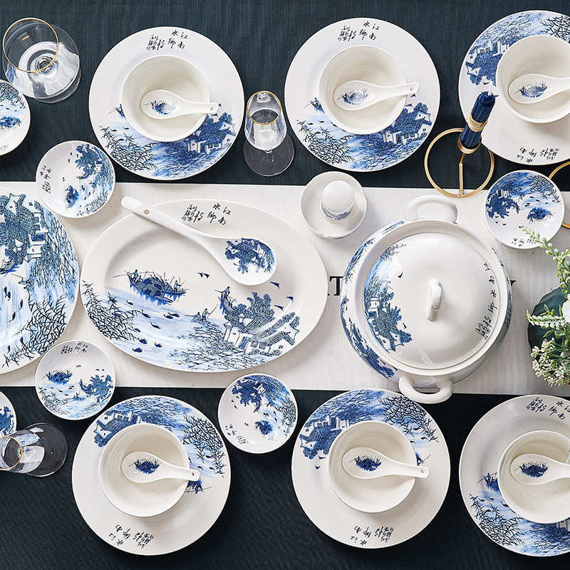 景德镇陶瓷餐具56头饭碗餐具套装江南水乡碗盘碟陶瓷餐具礼品批发