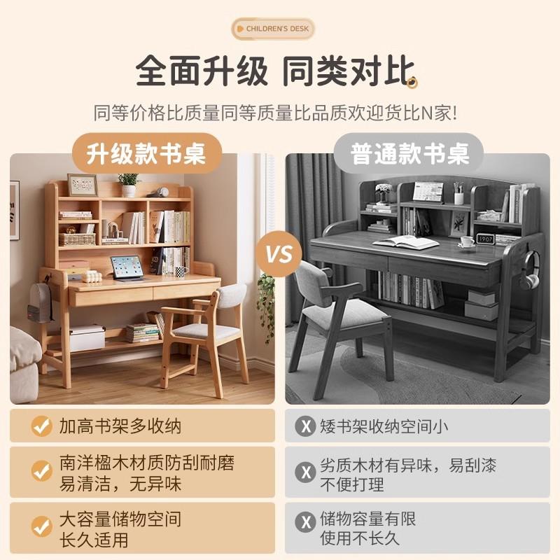 儿童学习桌卧室可升降实木芯写字桌学生家用简约带书架一体电脑桌