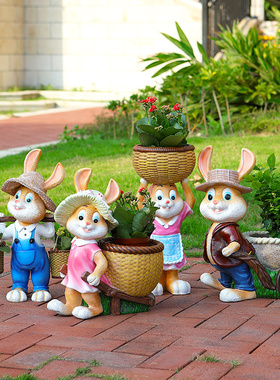 户外园林庭院可爱卡通兔子花盆玻璃钢雕塑幼儿园装饰摆件花园摆设