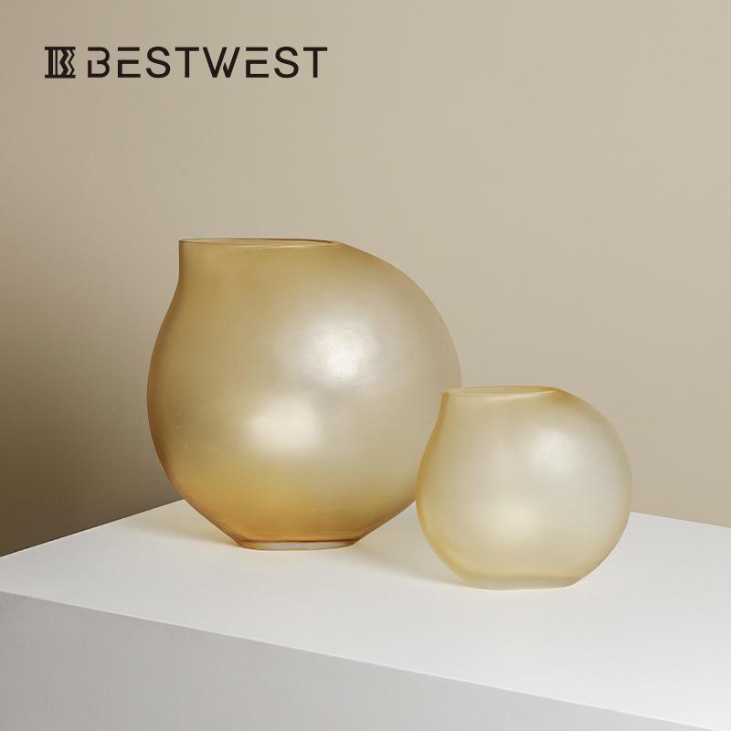 Best west 北欧焦糖色圆形磨砂半透明小口玻璃花瓶家居装饰品摆件