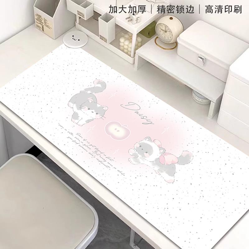 可爱小猫咪鼠标垫超大号女生家用蕾丝灰粉宿舍办公电脑键盘桌垫子