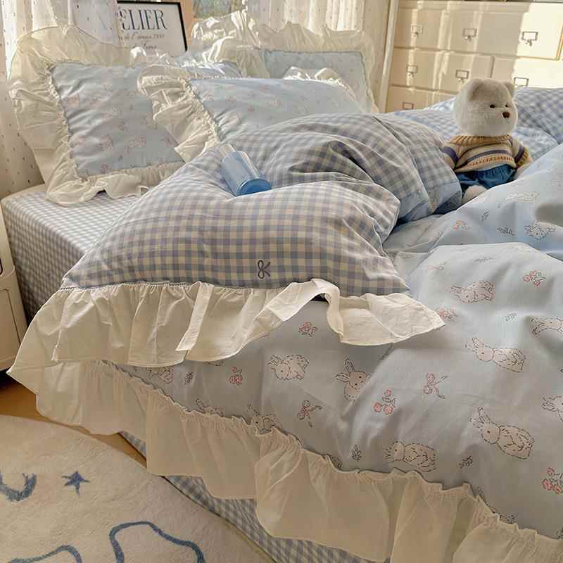 法式全棉床上四件套韩版花边纯棉被套床单被罩三件套南通家纺床品