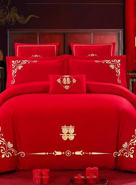 正品全棉结品婚庆四件套纯棉大红色1.m床笠新婚房婚床上8用刺绣被