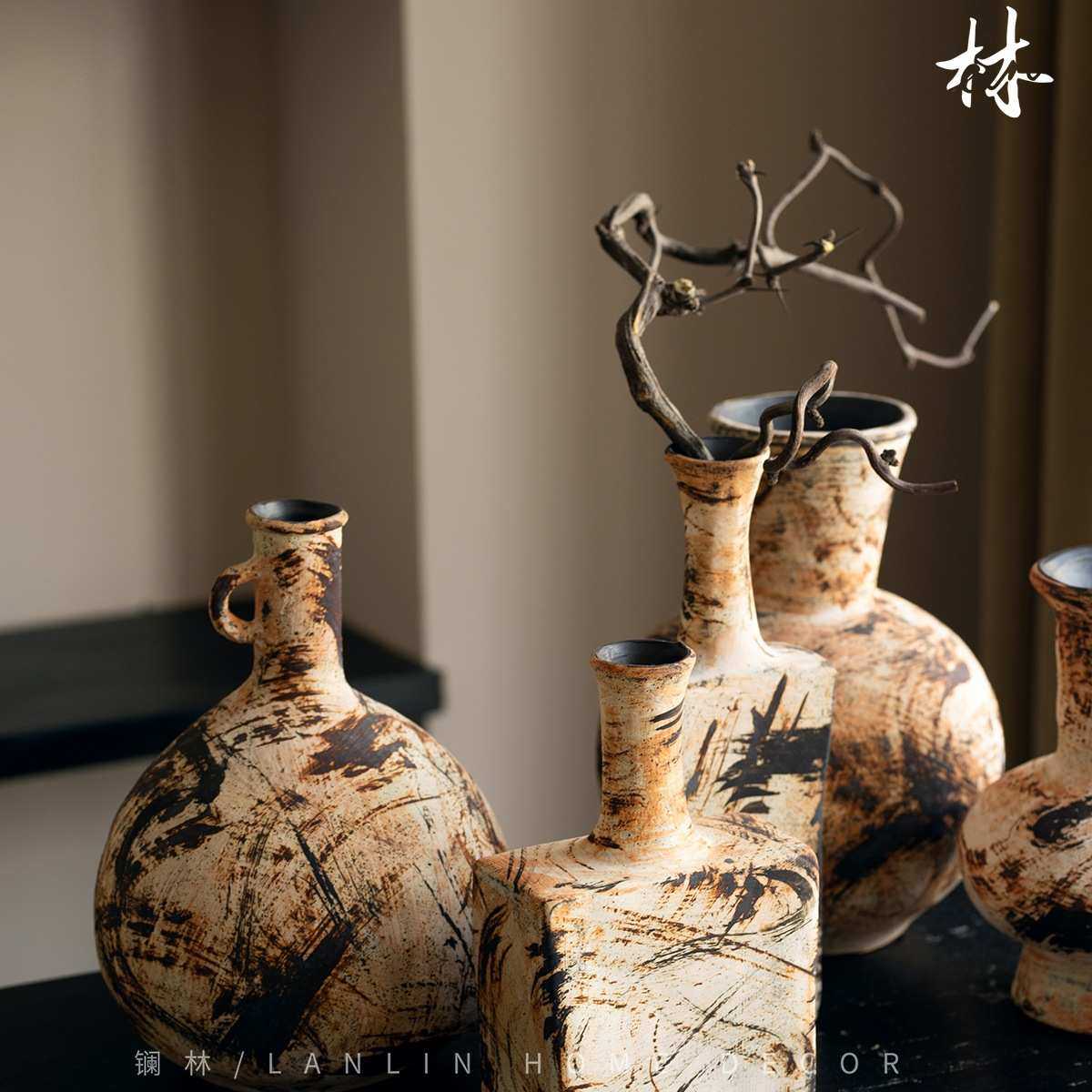 景德镇侘寂风复古粗陶小花瓶文艺插花瓶客厅玄关酒店陶瓷粗陶花器