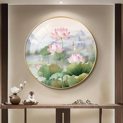 荷花净秽图圆形装饰画新中式禅意玄关画荷气生财餐厅客厅墙上挂画